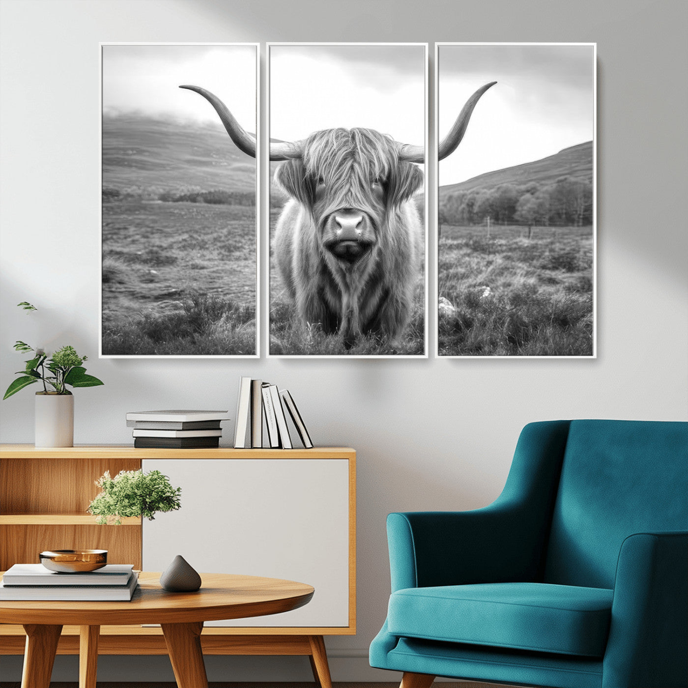 -Black White Scottish Highland Cow Canvas Farm Wall Art Canvas Print Rustic Animal Art for Home, Office Decor