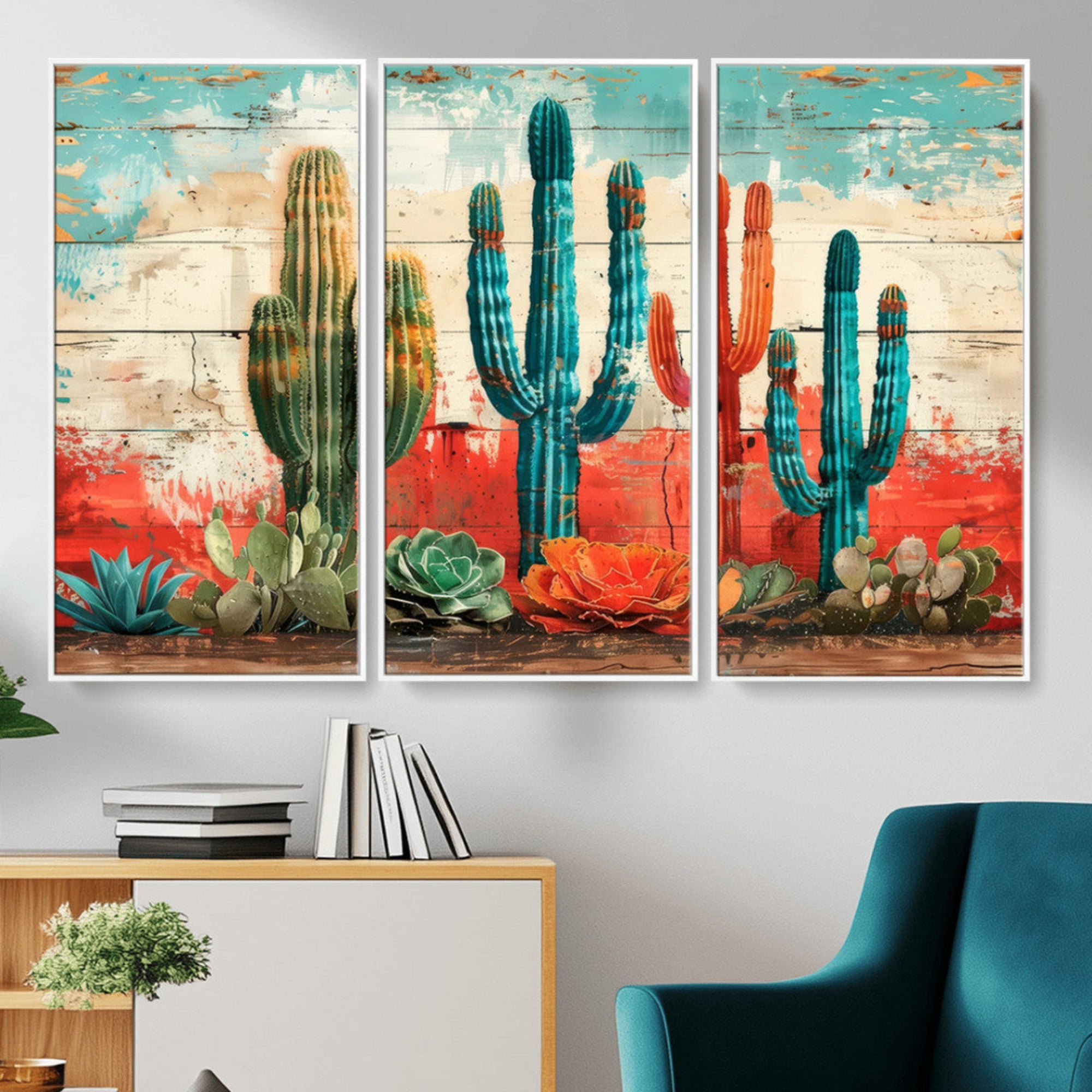 A vivid southwestern-style artwork featuring an eclectic mix of cacti and succulents painted against a textured, rustic wood backdrop in rich turquoise, red, and orange hues.