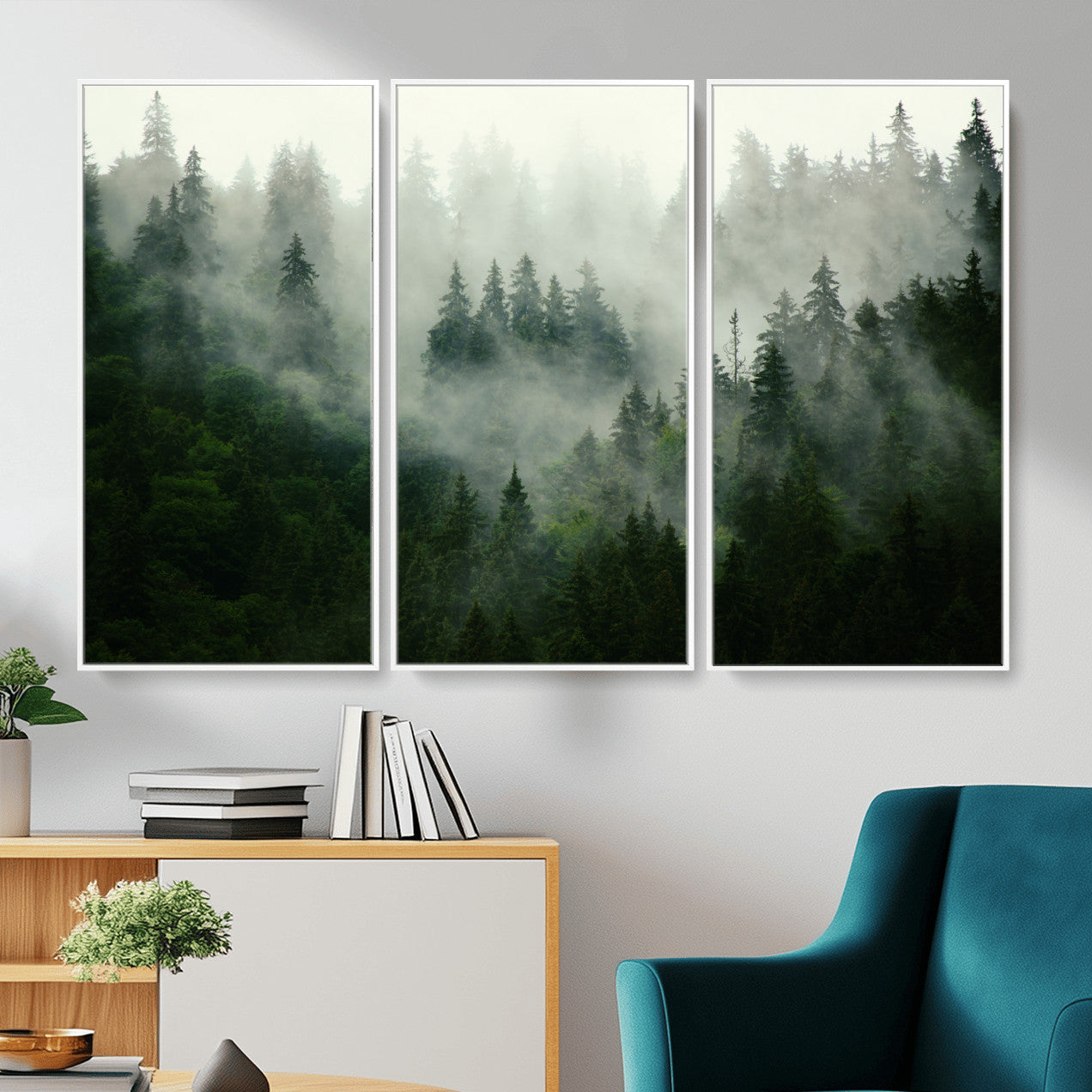 167720496-MGV-CV-36X24 - Misty Forest Mountain Wall Art Canvas | Large 3-Panel Foggy Landscape Canvas Print | Nature Misty