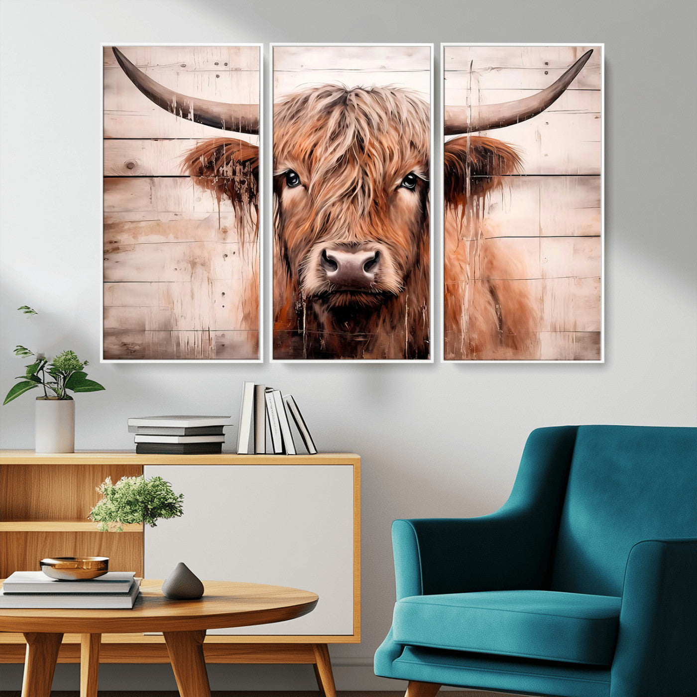 93730-MGV-FC-48X32-3P_White-Vintage Scottish Highland Cow Cattle Art Print Farmhouse Wall Art Canvas Print