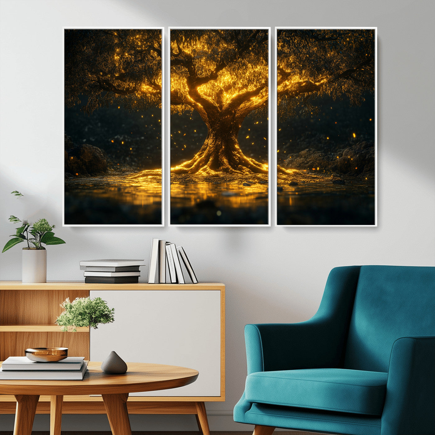 59580-MGV-FC-48X32-3P_White-Golden Tree of Life Canvas Wall Art Print - Majestic Glowing Tree Wall Art Print