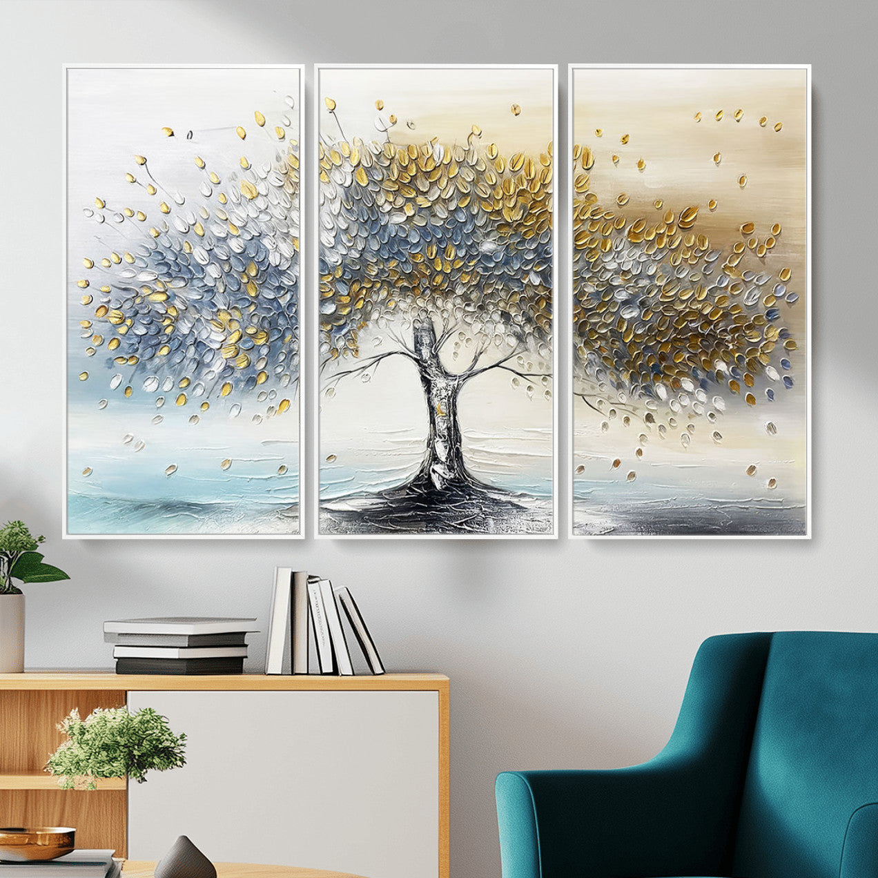 MGV-FC-48X32-3P - Golden & Silver Tree of Life Wall Art – Canvas Print with Whimsical Leaves Elegant Nature Design, Decorative Home, Office or Guest Room Decor