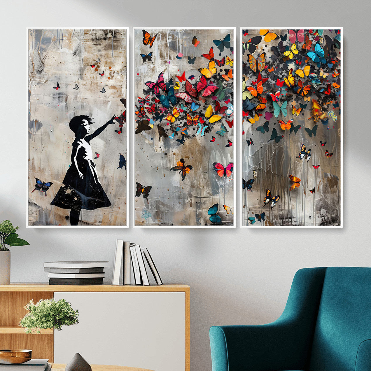 51446-MGV-CV-36X24 - Banksy Butterfly Girl Wall Art | 3-Piece Butterfly Girl Canvas