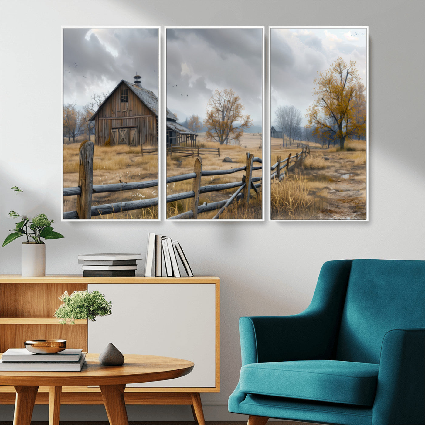 Farm1-MGV-CV-36X24-Rustic Autumn Farmhouse Wall Art Canvas Print – Serene Countryside Scene with Weathered Barn and