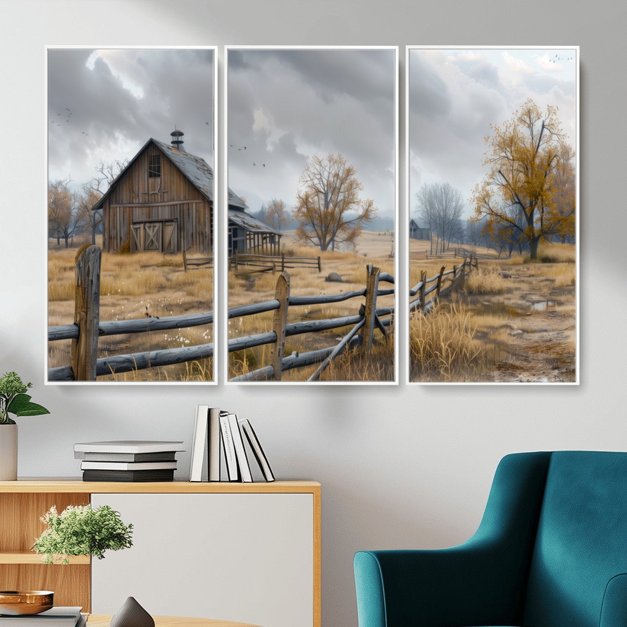 Farm1-MGV-CV-36X24 - Rustic Autumn Farmhouse Wall Art Canvas Print – Serene Countryside Scene with Weathered Barn and