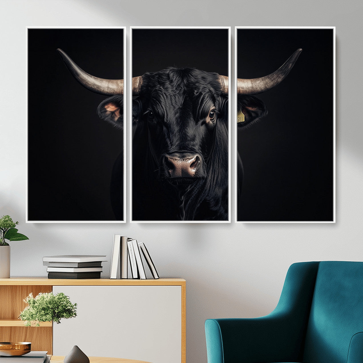 MGV-FC-48X32-3P - Black Bull Wall Art – Framed Horned Bull Canvas Artwork, Western Cattle Design, Rustic Ranch Style Decor for Home, Office
