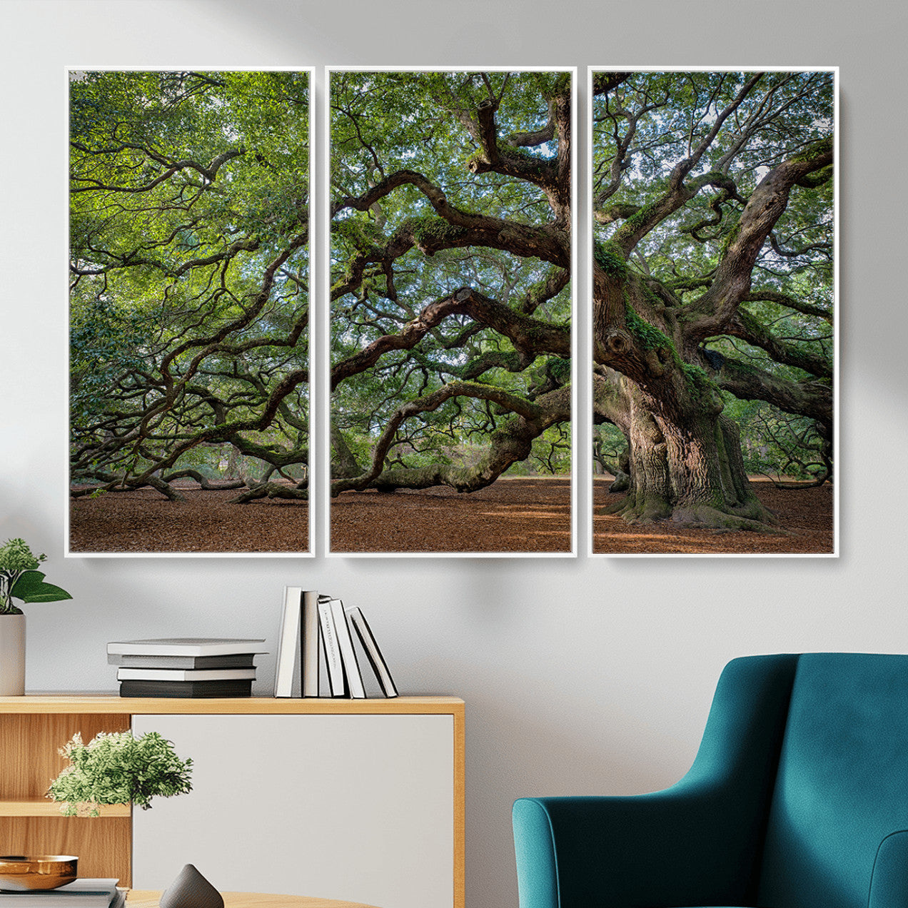 MGV-FC-48X32-3P - Ancient Oak Tree Wall Art – Canvas Print of Expansive Branches Lush Green Canopy, Tranquil Landscape, Majestic Nature Decor for Home or Office