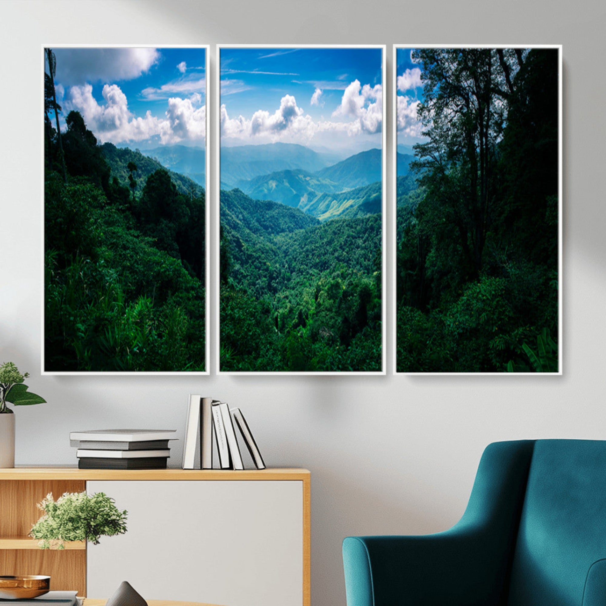 Canvas of a misty tropical jungle with vibrant greenery and layered blue mountains, ideal for exotic nature-themed wall décor.