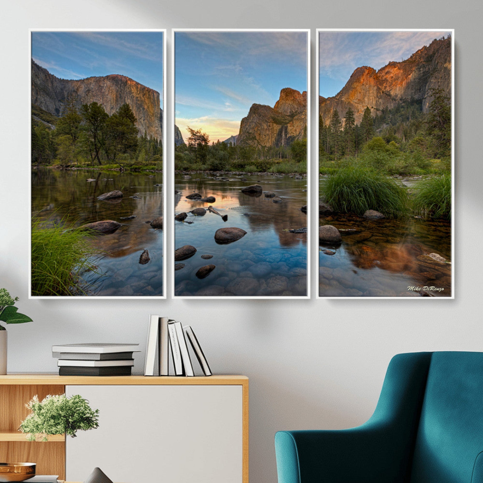 Canvas of Yosemite Valley with El Capitan and sunset reflections in a calm river, perfect for rustic or nature-themed décor.