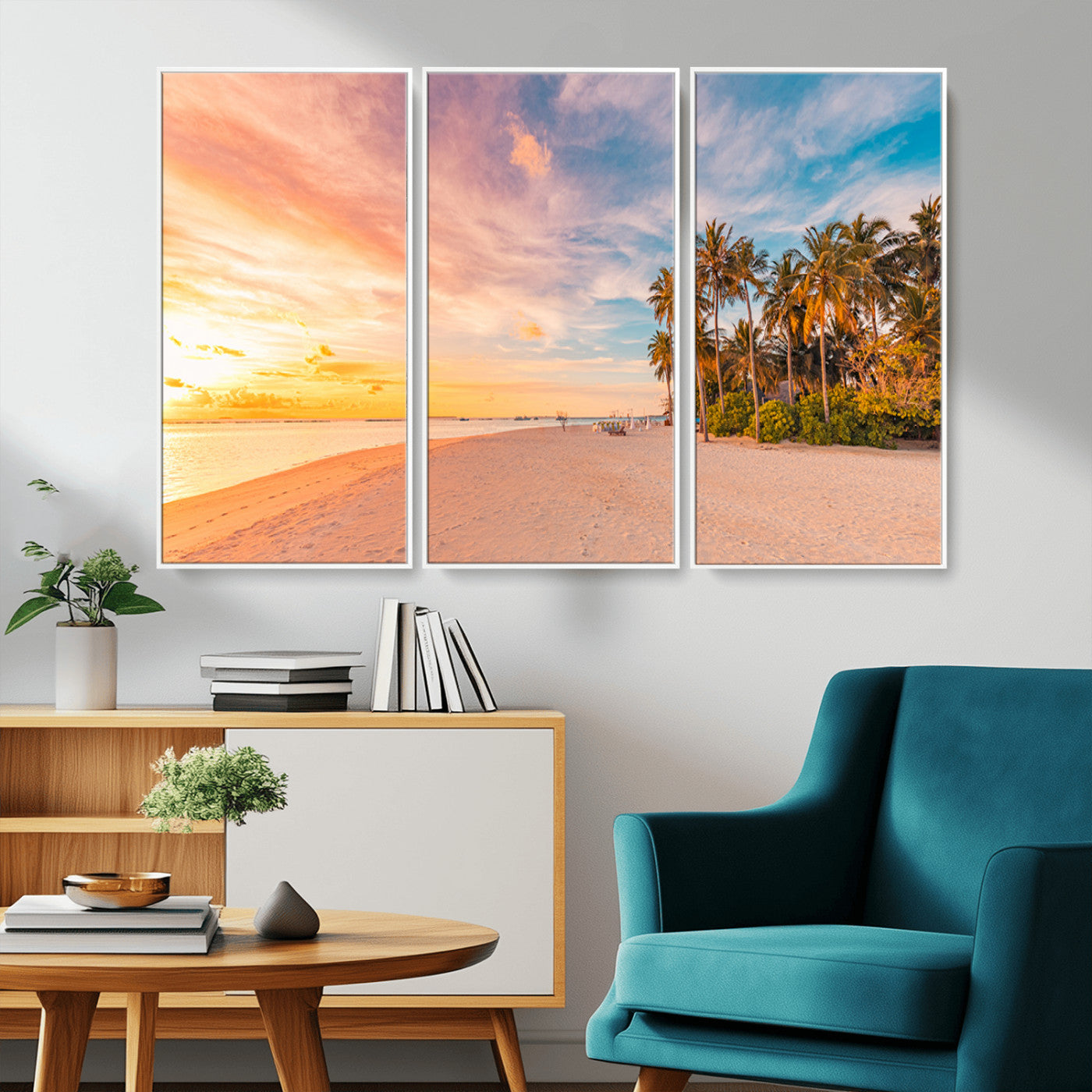 Tropical beach canvas with palm trees and soft sunset tones, ideal for coastal or beach-style home décor in warm pastel hues.