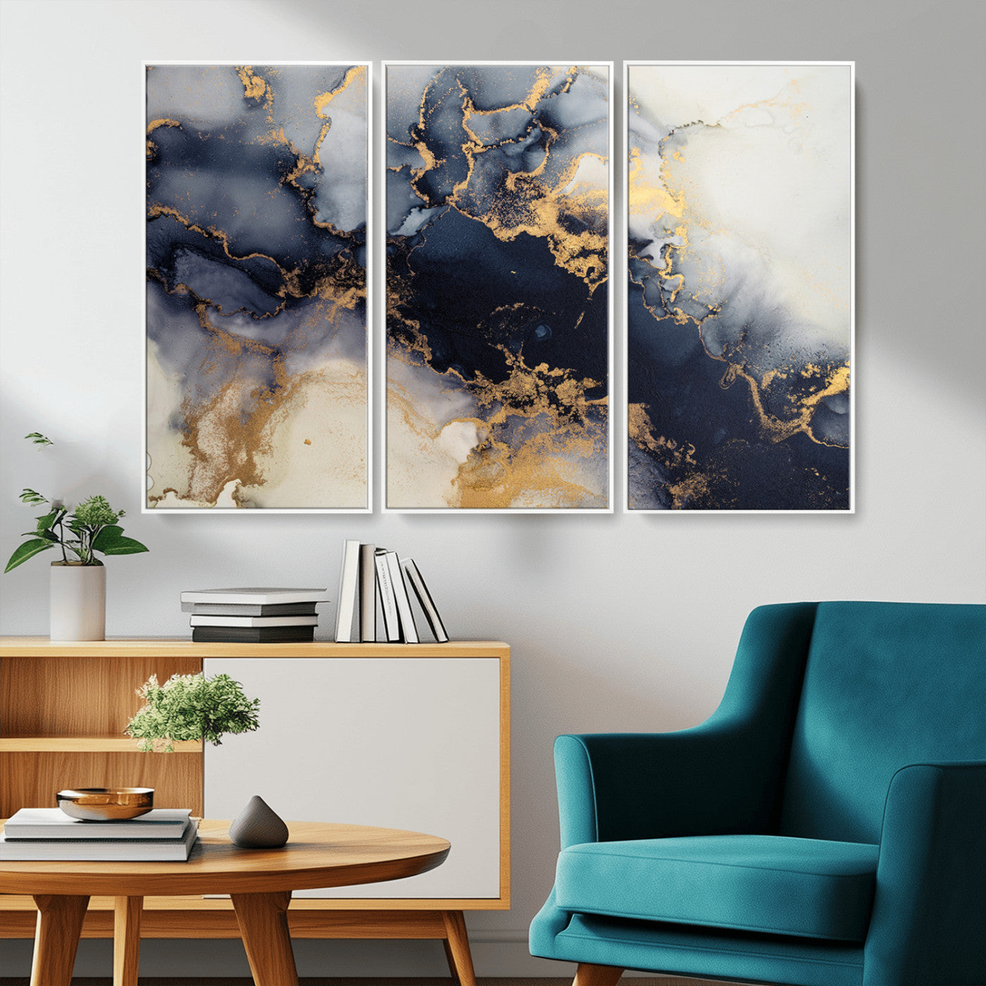 41136487-MGV-CV-48X32-3P-Black Marble Wall Art Canvas Print – Framed Abstract Gold Veins Elegant Luxury Design Decor for Home, Office