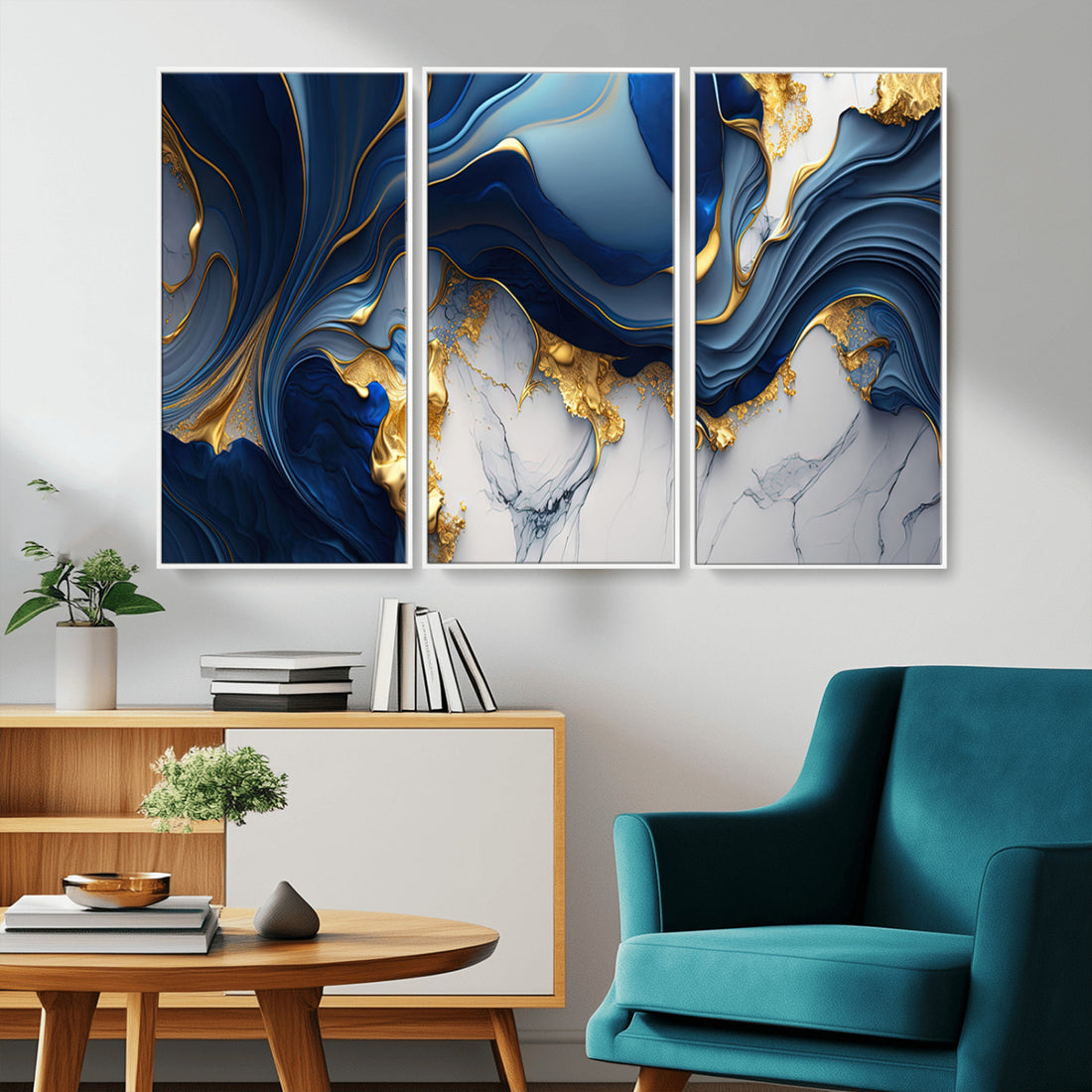 Blue Marble Wall Art Canvas Print | Framed Gold Veins