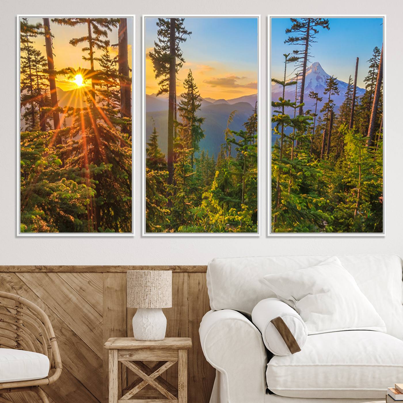 -Forest Sunset Wall Art Canvas Print, Framed Sunset Trees Art Picture Print, Green Pines Perfect