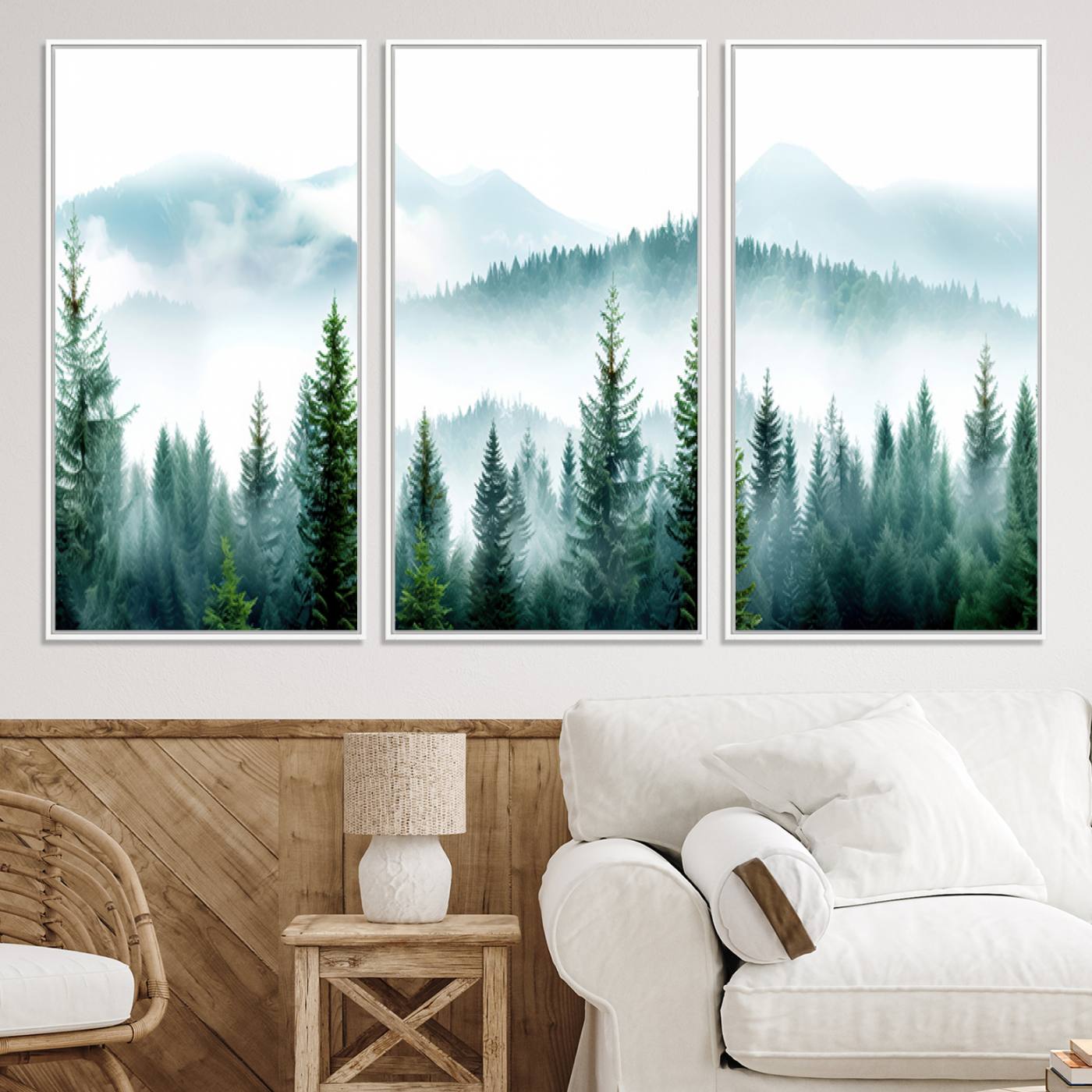 -Pine Forest Wall Art Canvas Print, Framed Misty Mountains Art Picture Print, Foggy Trees Perfect