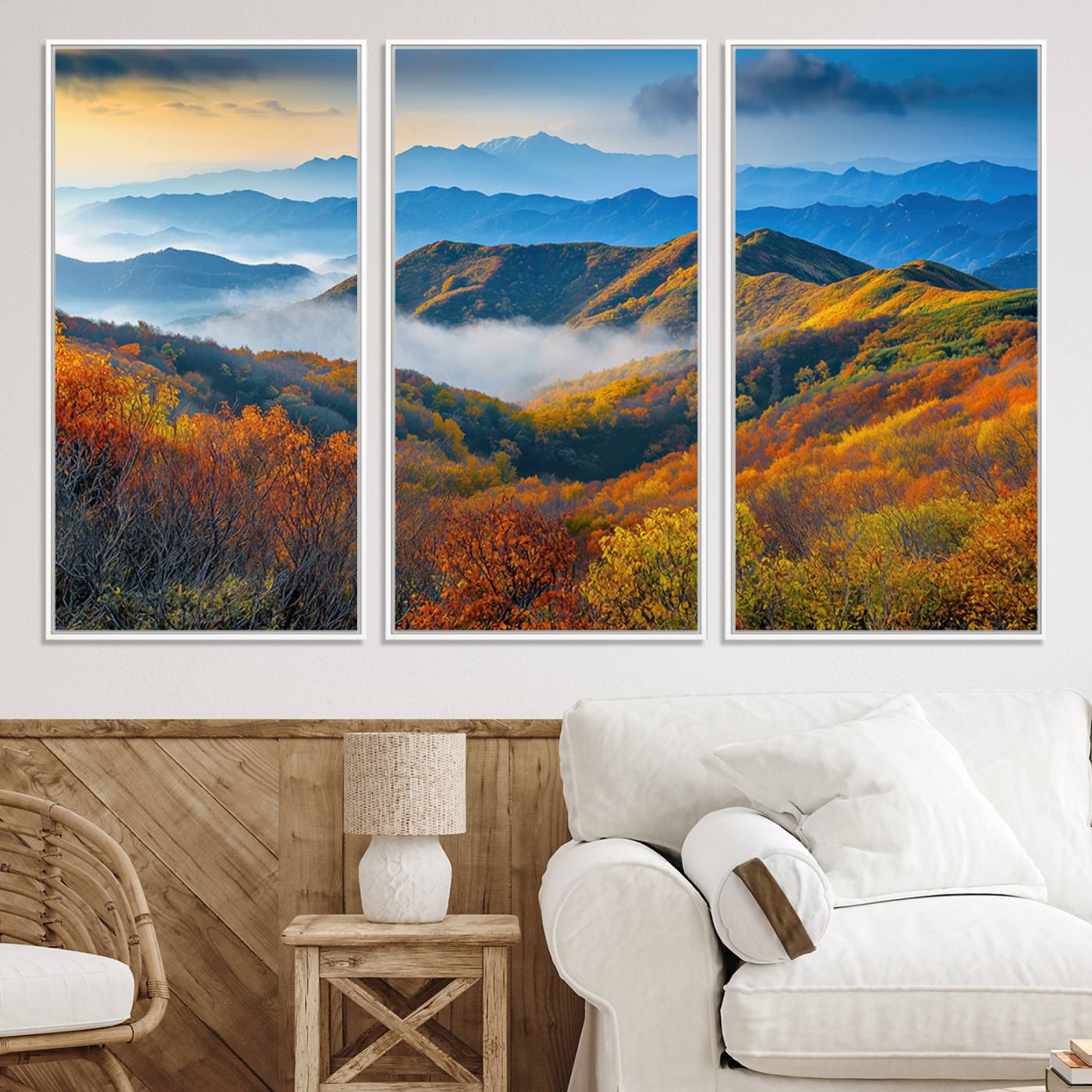 -Autumn Mountains Wall Art Canvas Print, Autumn Mountain Foggy Landscape Wall Art Canvas Print,