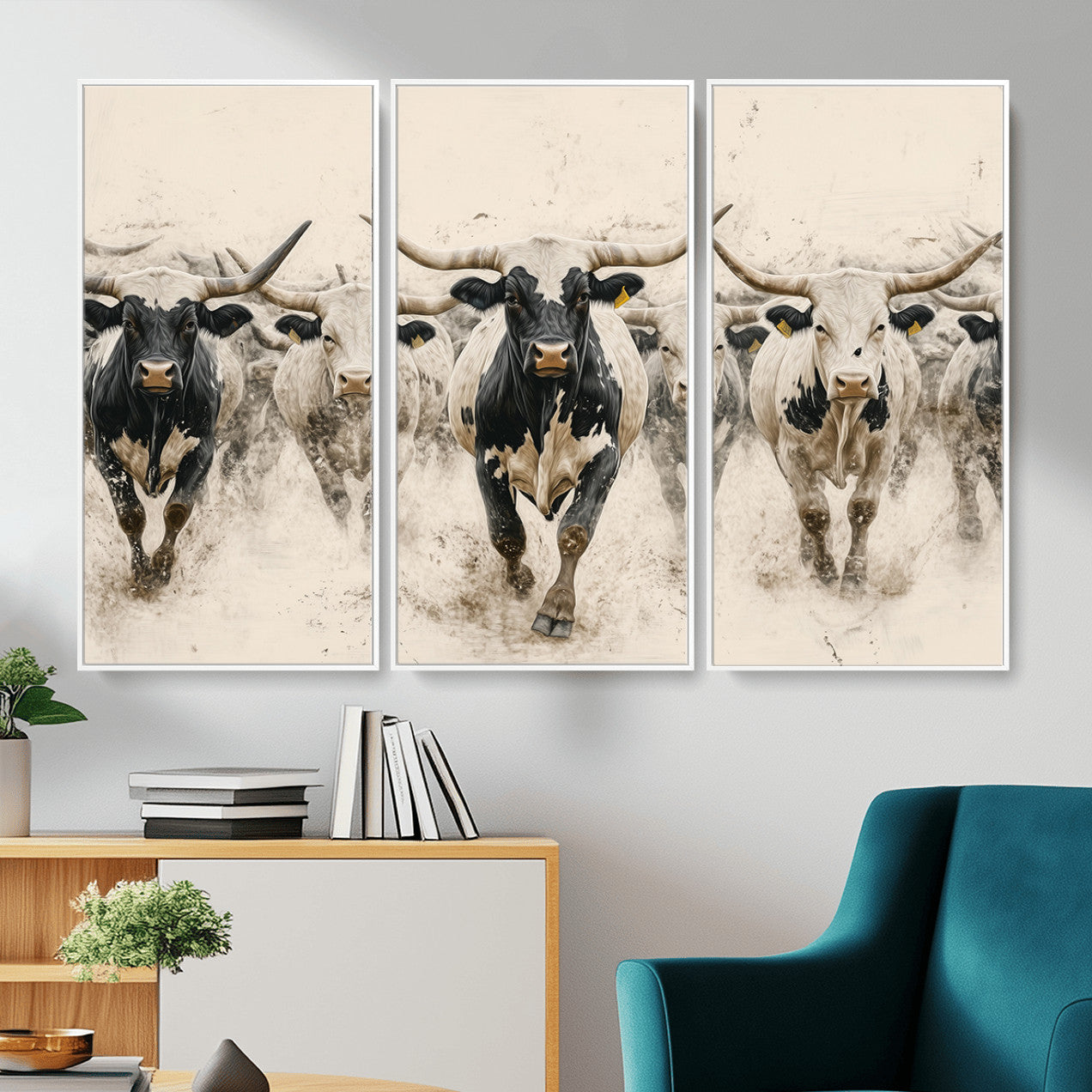 MGV-FC-48X32-3P - Cream Dust Longhorn Wall Art – Canvas Print of Western Herd Stampede, Dynamic Charge, Rustic Prairie Motion, Bold Nature Farm Decor