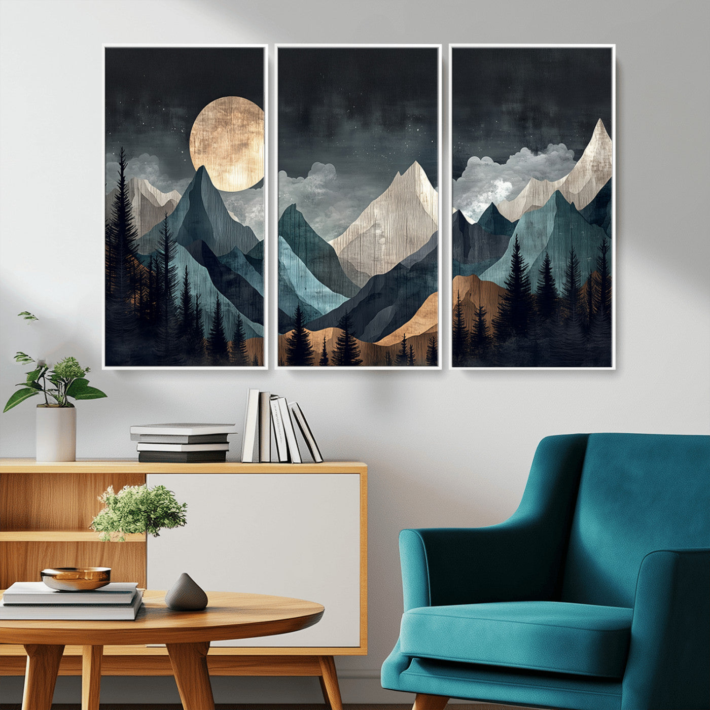 11060882-MGV-CV-36X24-Moonlit Mountain Wall Art Canvas Print – Silhouetted Pines Layered Peaks Tranquil Sky Mist Silver Light Nature Artwork for Home