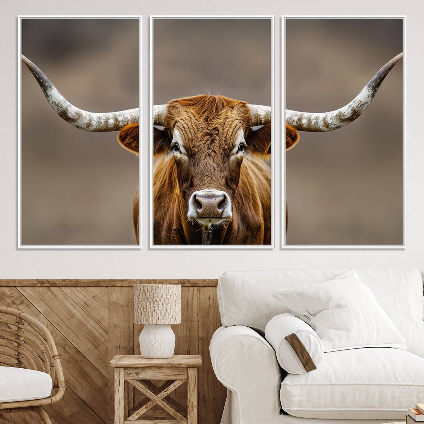 -Texas Longhorn Wall Art Canvas Print, Framed Brown Bull Art Picture Print, Lone Cattle Perfect