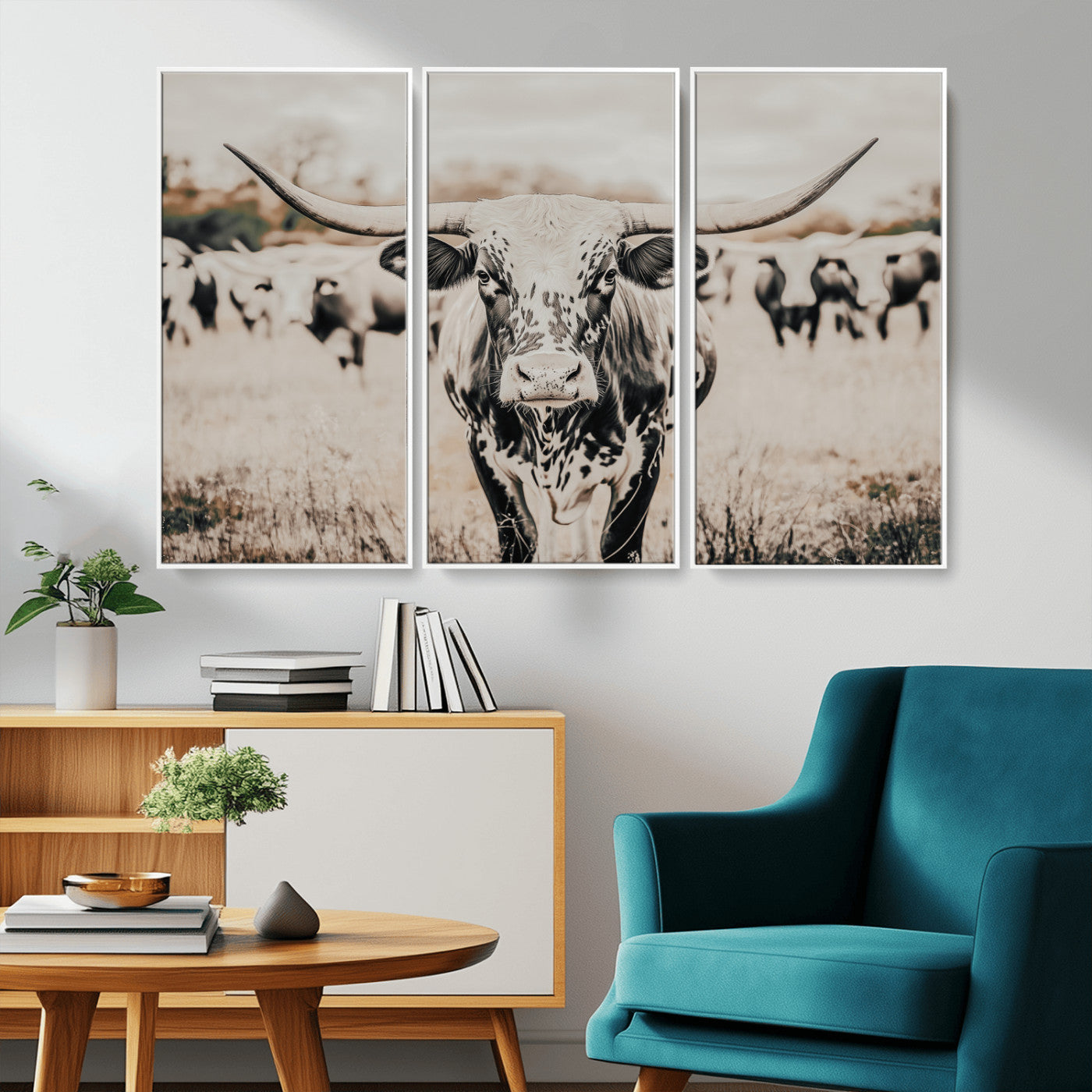 -Texas Longhorn Wall Art Canvas Print, Framed Speckled Cow Art Picture Print, Horned Cattle Perfect Rustic Western Decor Artwork