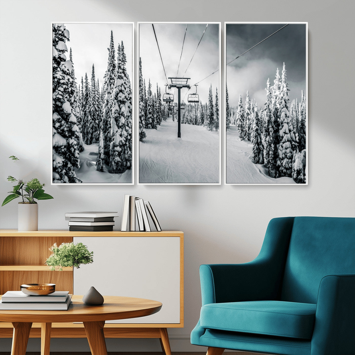 31156828-MGV-CV-36X24-Snowy Pines Wall Art Canvas Print – Framed Ski Lift Winter Forest Snowy Landscape Moody Lodge Artwork for Home, Office