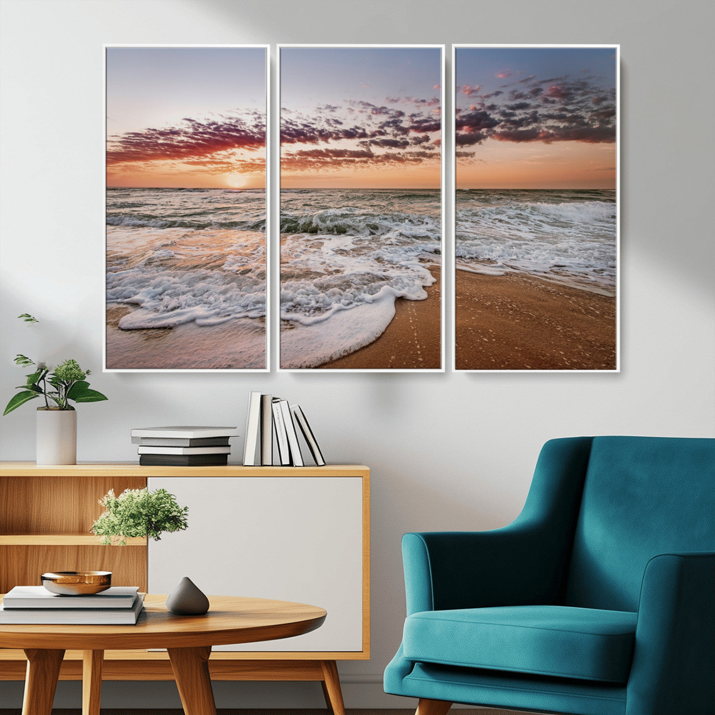 39846389-MGV-CV-36X24-Ocean Sunset Wall Art Canvas Print – Framed Sandy Shore Gentle Waves Coastal Landscape Minimalist Artwork for Home, Office