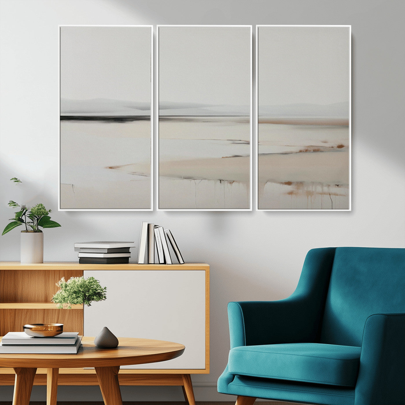 89410095-MGV-CV-36X24-Minimalist Landscape Wall Art Canvas Print – Framed Soft Horizon Abstract Seascape Earthy Tones Artwork for Home Office