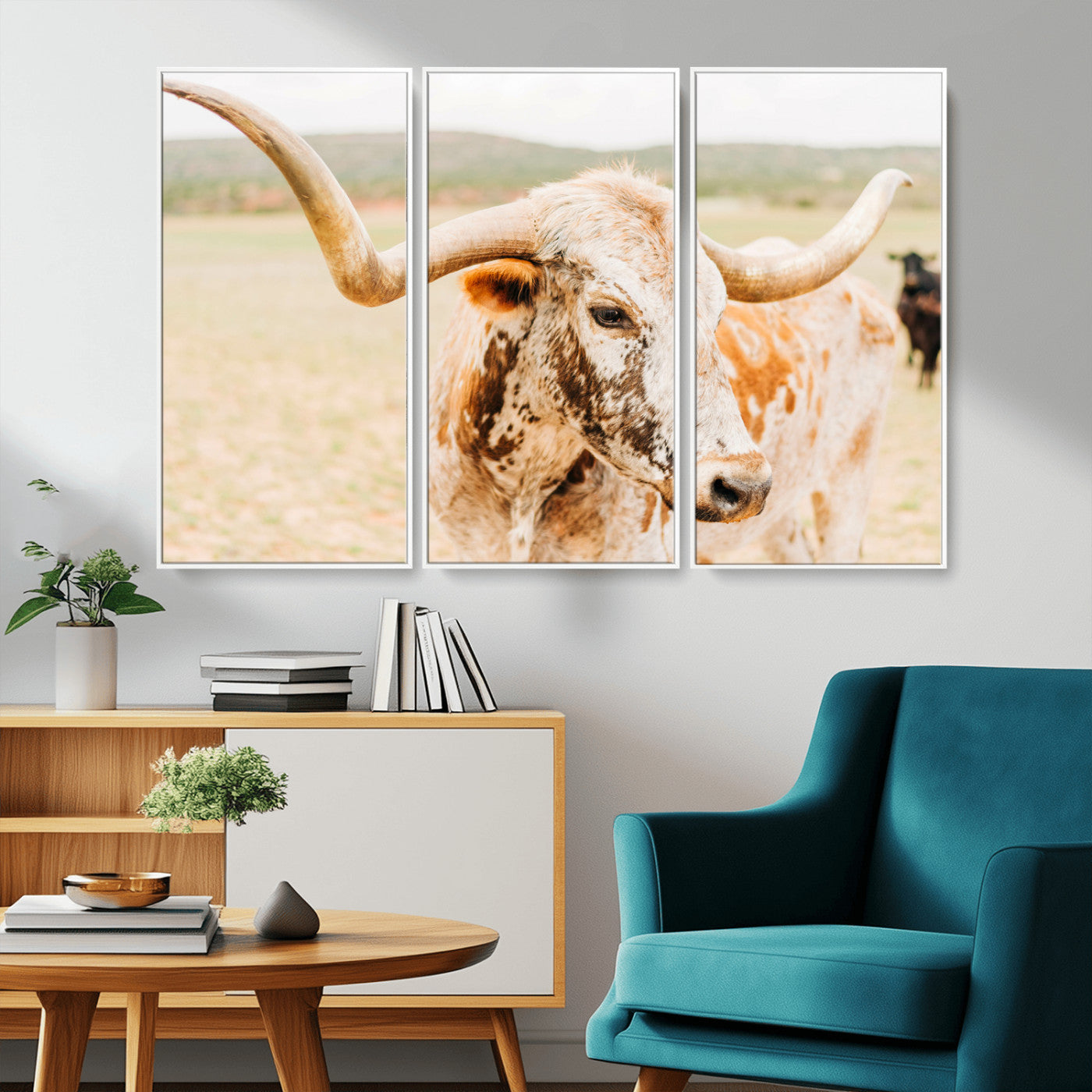 -Texas Longhorn Wall Art Canvas Print, Framed Spotted Cow Art Picture Print, Horned Cattle Perfect Rustic Western Decor Artwork