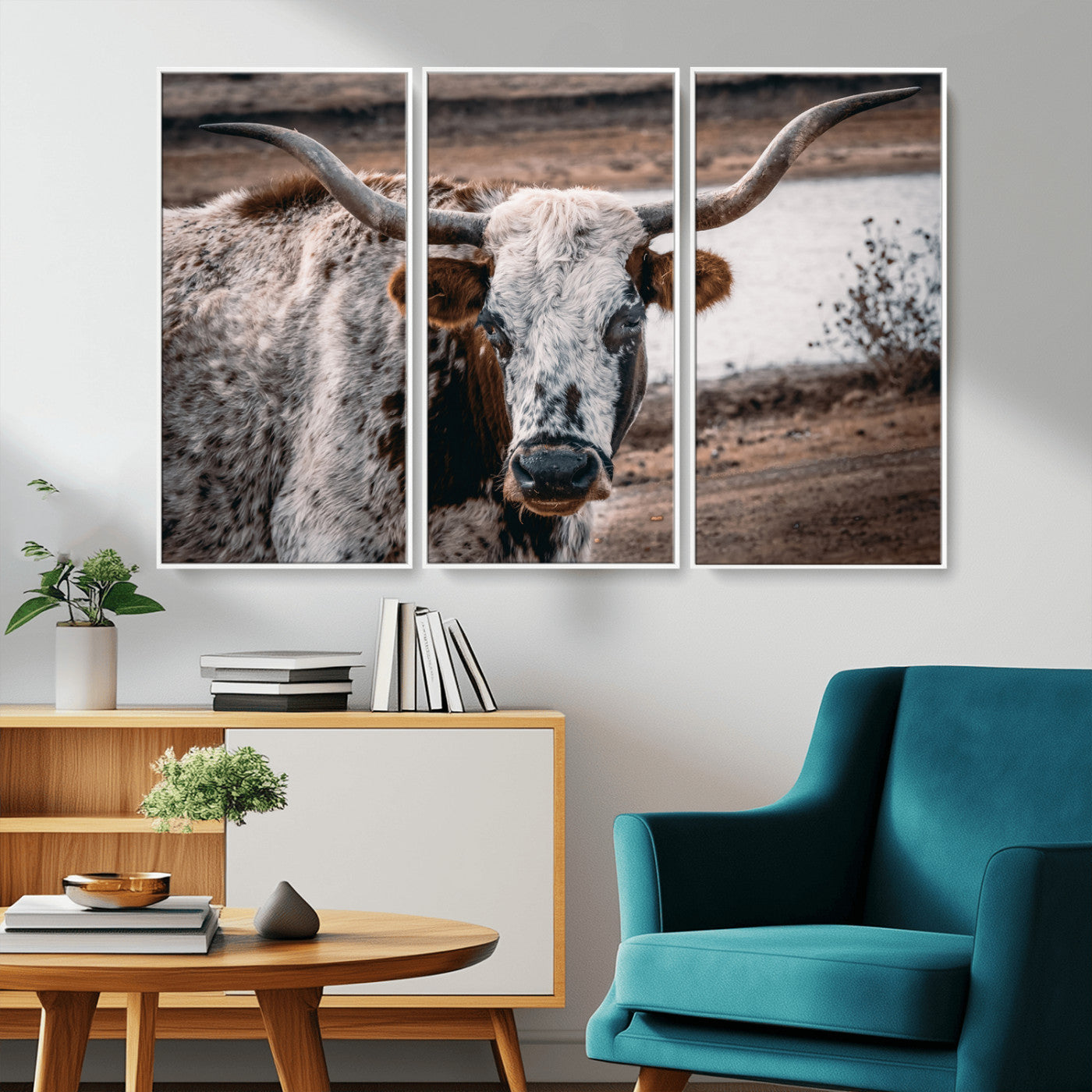 58386760-MGV-FC-48X32-3P_White-Texas Longhorn Wall Art Canvas Print, Framed Spotted Cow Art Picture Print, Horned Cattle Perfect Rustic Western Decor Artwork