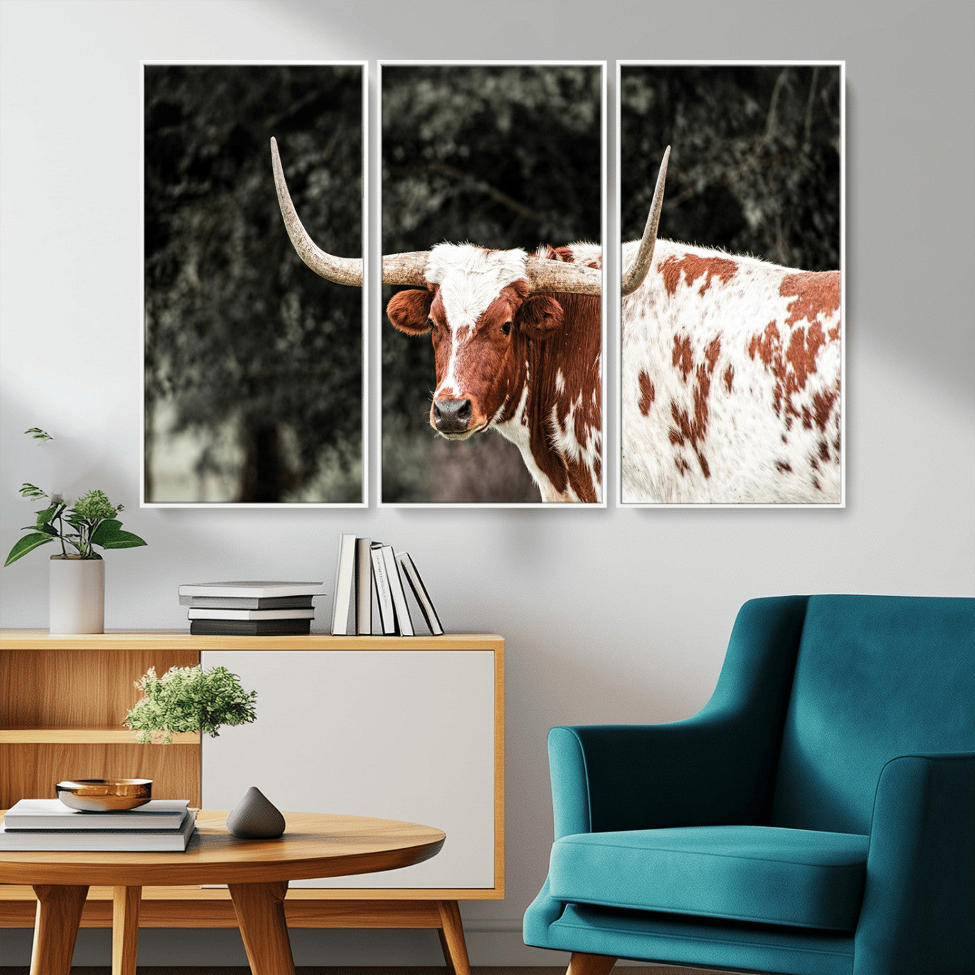 -Texas Longhorn Wall Art Canvas Print, Framed Spotted Cow Art Picture Print, Horned Bull Perfect Rustic Western Decor Artwork
