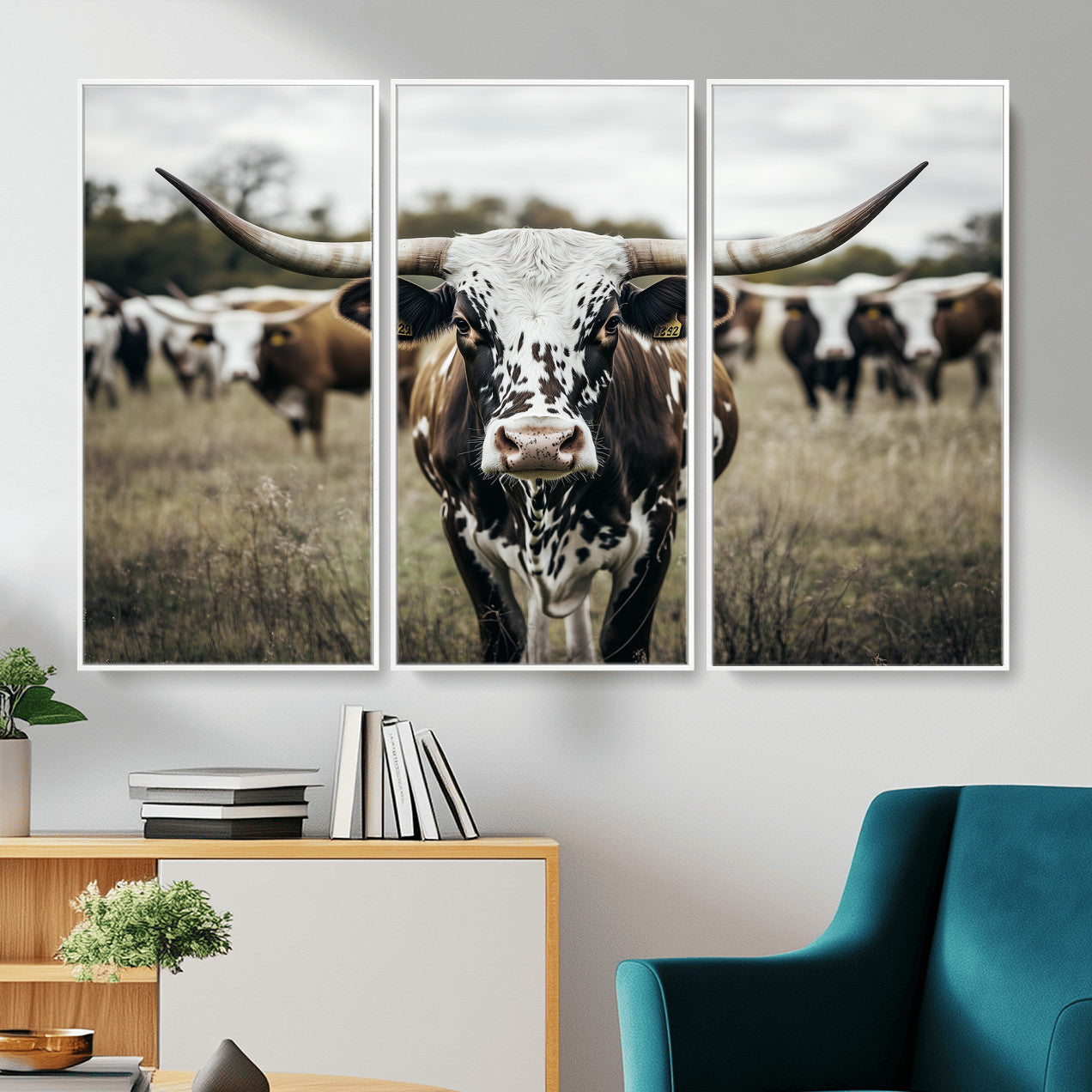 MGV-FC-48X32-3P - Majestic Longhorn Cow Wall Art – Canvas Print of Intricate Fur & Sharp Horns Earthy Tones Serene Landscape, Rustic Charm Decor for Living Room, Office or Bedroom