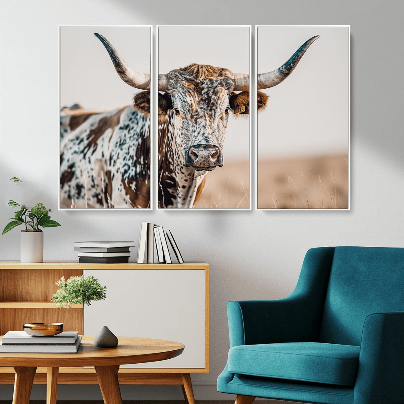 Canvas of a speckled Texas longhorn with wide curved horns and warm tones, perfect for rustic or country-style wall decor.