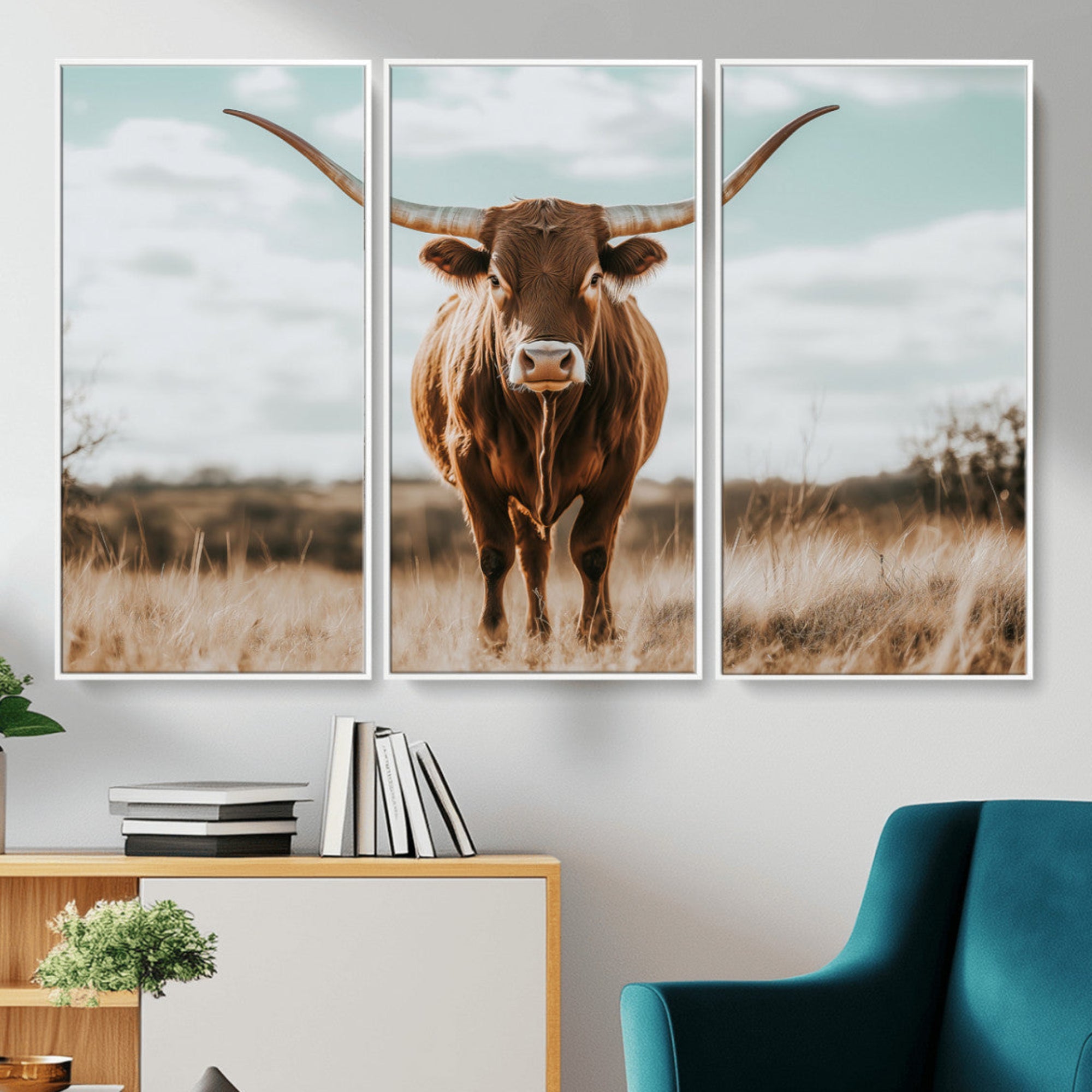 Texas Longhorn standing in a golden prairie under soft skies, ideal for rustic or western-style decor with warm natural tones.