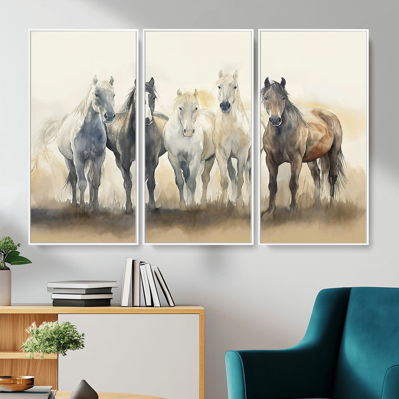 MGV-FC-48X32-3P - Wild Horses Wall Art Canvas Print, Framed Running Horses Art Picture Print, Watercolor Horses Perfect Rustic Western Decor Artwork