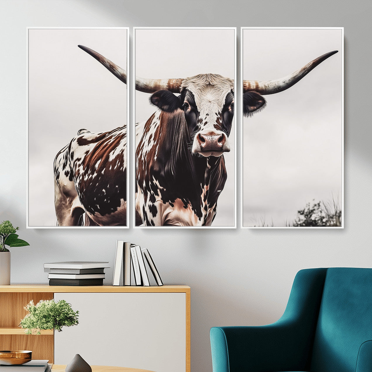 MGV-FC-48X32-3P - Texas Longhorn Wall Art Canvas Print, Framed Spotted Bull Art Picture Print, Horned Cattle Perfect Rustic Farmhouse Decor Artwork