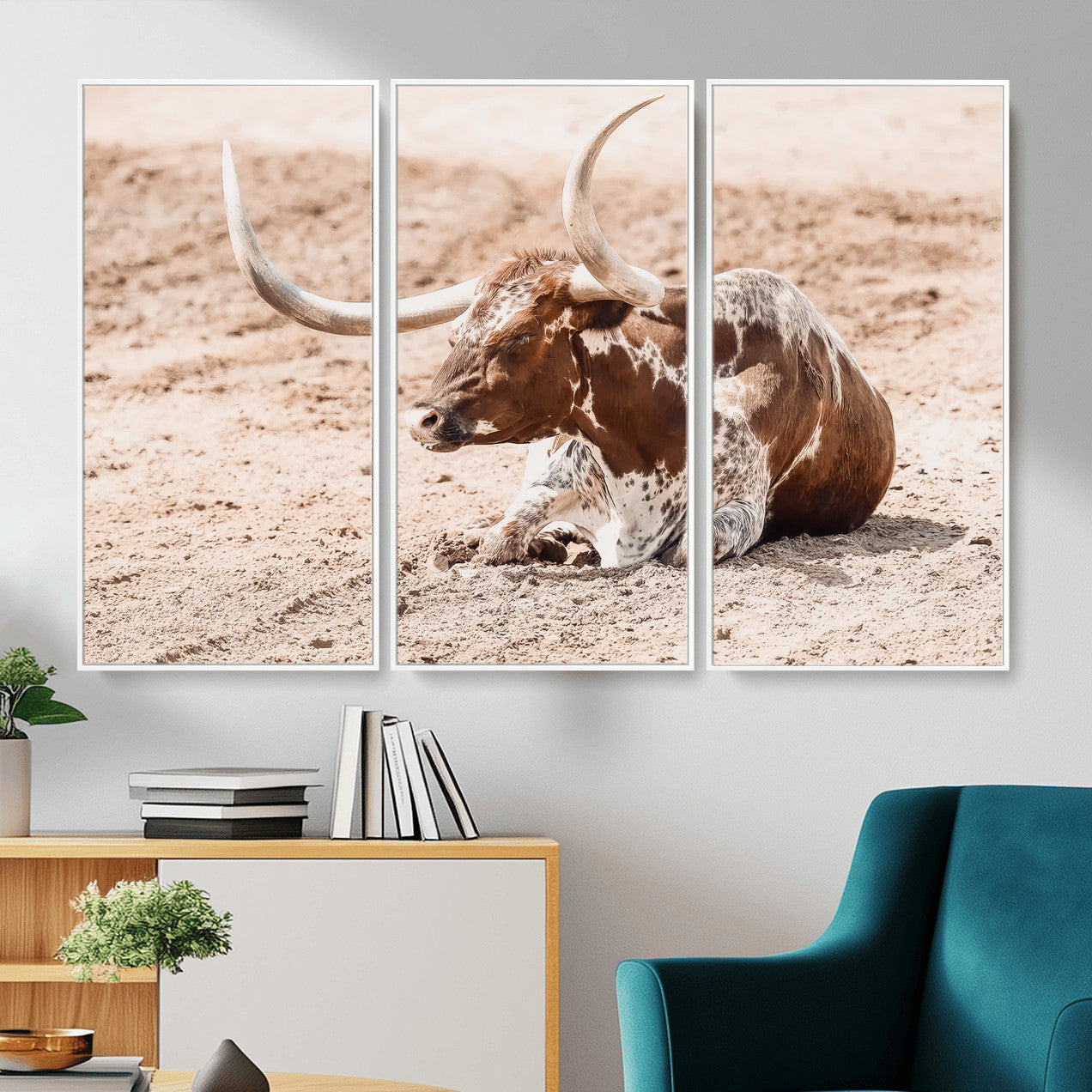 91248682-MGV-CV-36X24-Texas Longhorn Wall Art Canvas Print – Framed Resting Bull Scene with Spotted Cattle Artwork for Home, Office