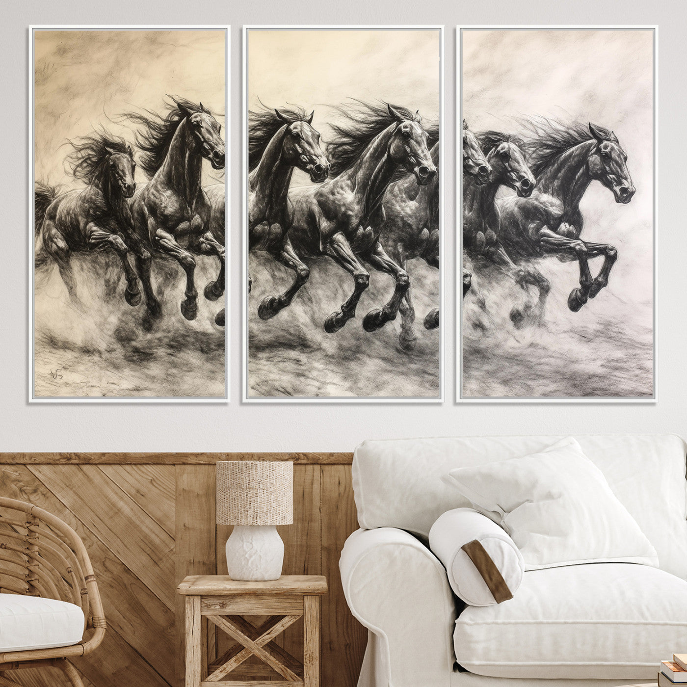 -Galloping Horses Wall Art Canvas Print, Framed Wild Stallions Art Picture Print, Horse Herd Sketch