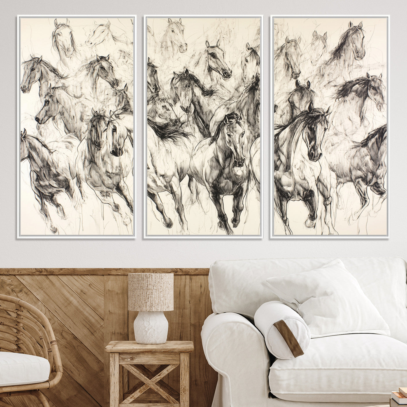 19433417-MGV-CV-36X24-Running Horses Wall Art Canvas Print – Framed Galloping Herd Dynamic Equestrian Sketch Nature Artwork for Home Office