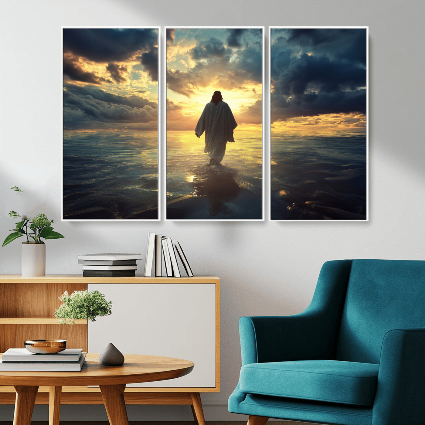 MGV-FC-48X32-3P - Jesus Walks Wall Art Canvas Print, Framed Divine Sunset Art Picture Print, Spiritual Light Perfect Spiritual Tranquil Decor Artwork