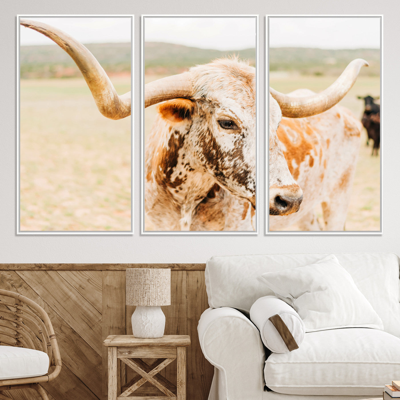 -Texas Longhorn Wall Art Canvas Print, Framed Speckled Cow Art Picture Print, Rustic Bull Perfect