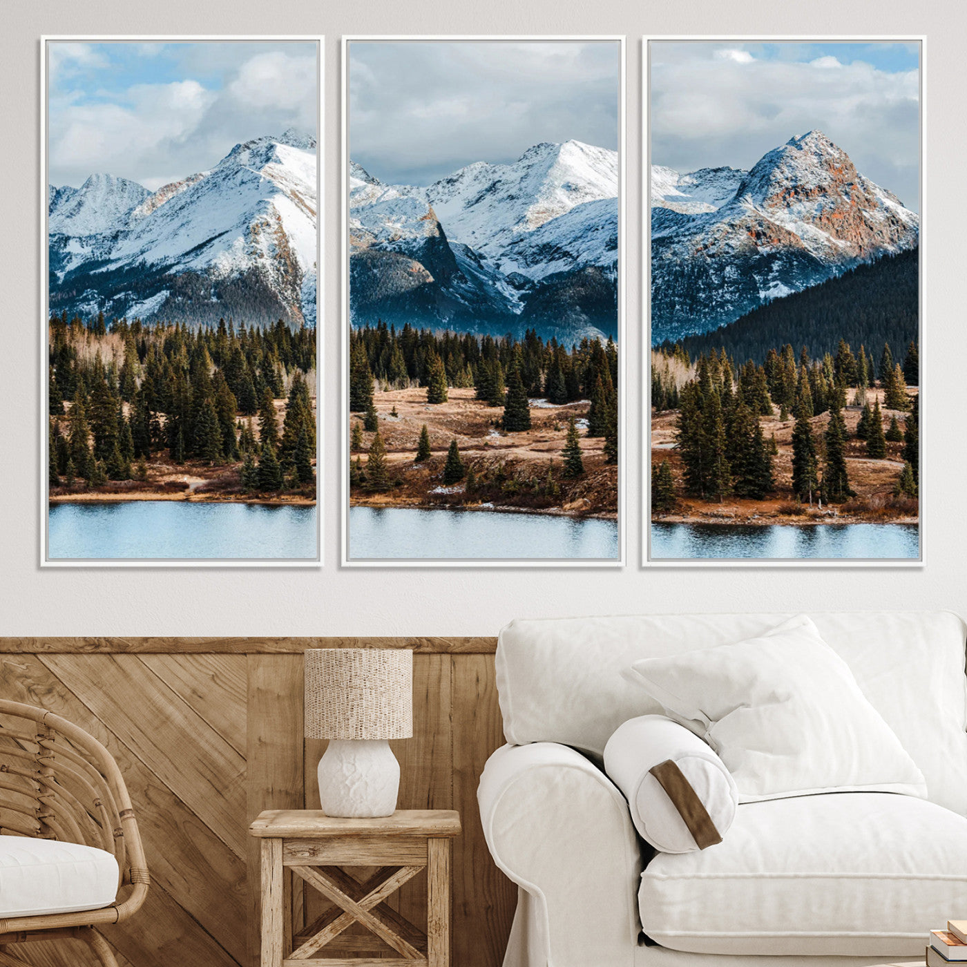 -Snowy Peaks Wall Art Canvas Print, Framed Alpine Lake Art Picture Print, Pine Forest Perfect Alpine