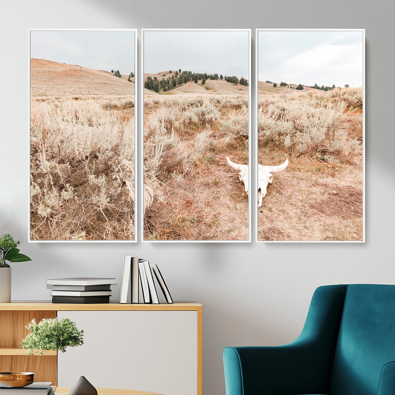 97234735-MGV-CV-36X24 - Desert Skull Wall Art – Arid Landscape & Sagebrush Canvas Print, Rustic Nature and Earth Tones for Living Room or Minimalist Decor