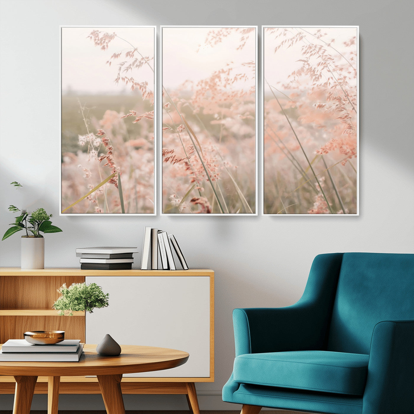 79164340-MGV-FC-48X32-3P_White-Pastel Grasses Wall Art Canvas Print, Framed Soft Meadow Art Picture Print, Field in Breeze Perfect Soft Pastel Minimal Decor Artwork