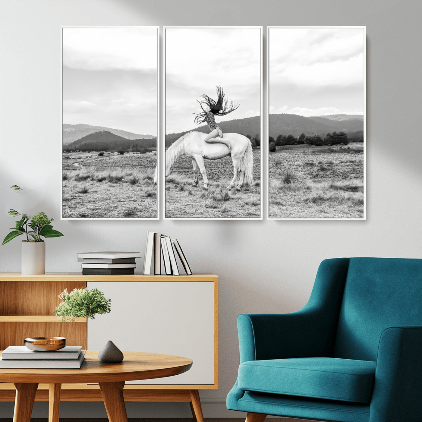 -White Horse Wall Art Canvas Print, Framed Woman Rider Art Picture Print, Equestrian Pose Perfect Western Boho Decor Artwork
