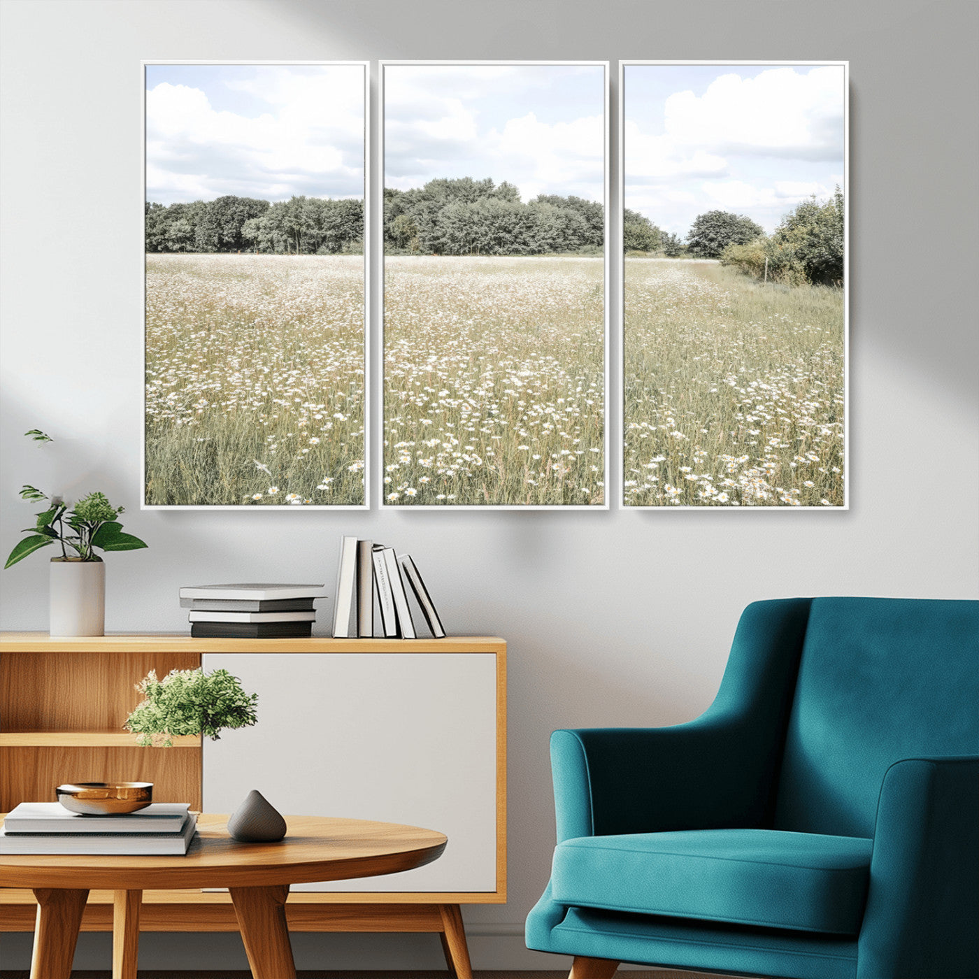 43258946-MGV-FC-48X32-3P_White-Charming Daisy Field Wall Art Canvas Print – Framed Pastel Flower Meadow Bloom Scandinavian Minimal Artwork for Home Office