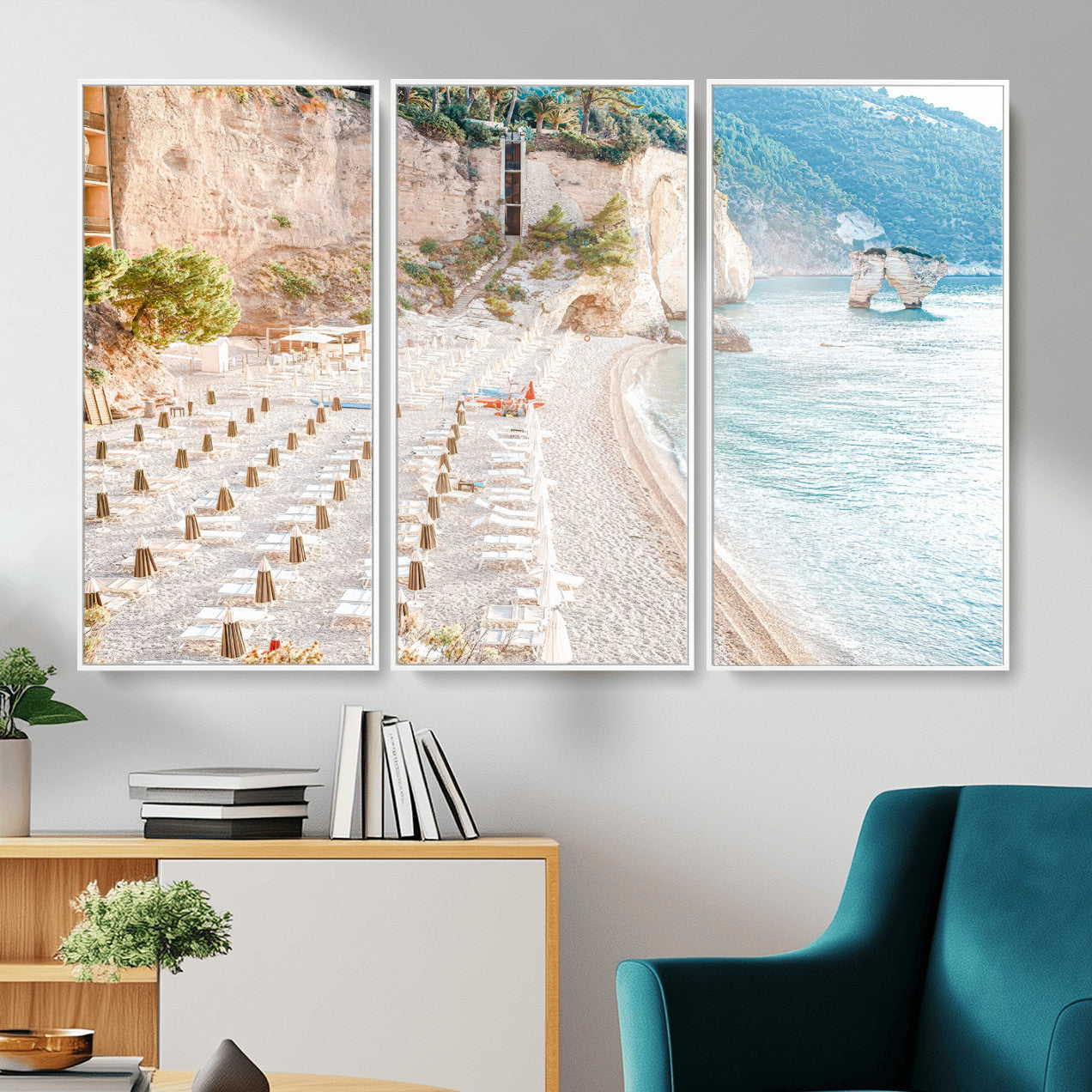 84816639-MGV-CV-36X24 - Sunny Beach Wall Art – Chairs & Umbrellas Canvas Print, Clear Water, Rocky Cliffs, Coastal Calm for Living Room or Vacation Home Decor