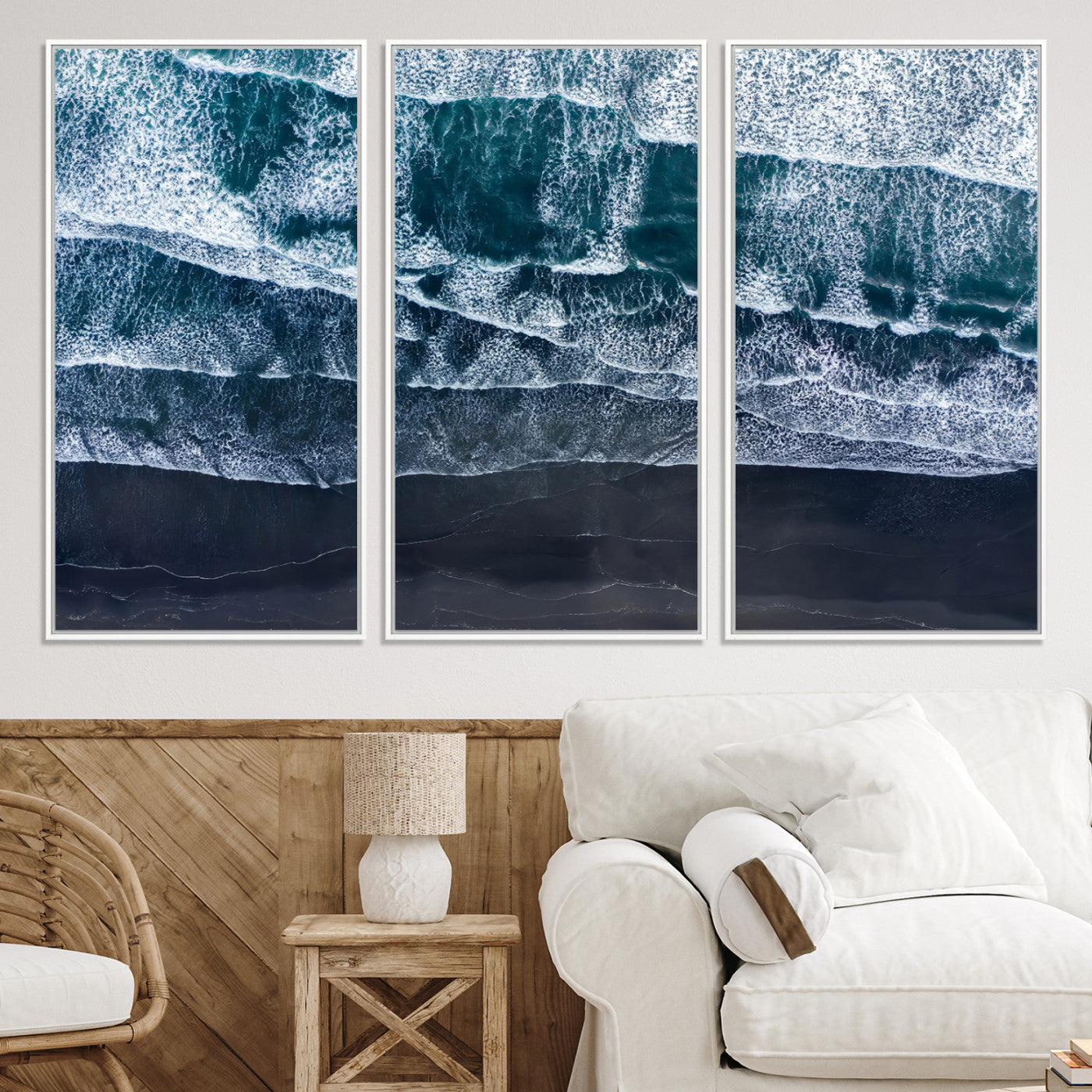 87941475-MGV-CV-36X24-Black Beach Wall Art Canvas Print – Framed Aerial Ocean View Moody Coastal Seascape Nature Artwork for Home Office