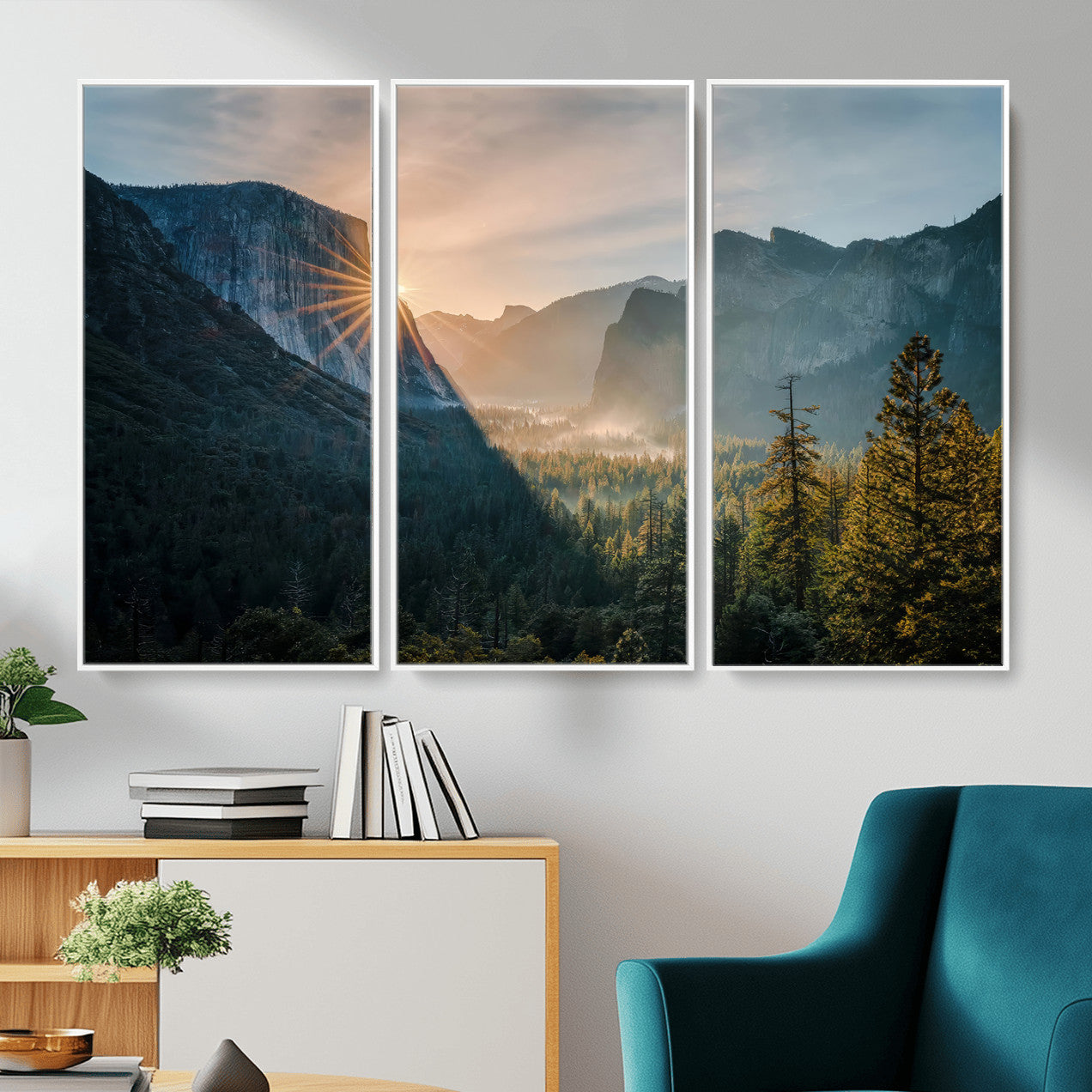 51605481-MGV-CV-36X24 - Yosemite Valley Wall Art – Misty Forest Peaks Canvas Print, Radiant Light, Tranquil Nature Landscape for Living Room or Cabin Decor