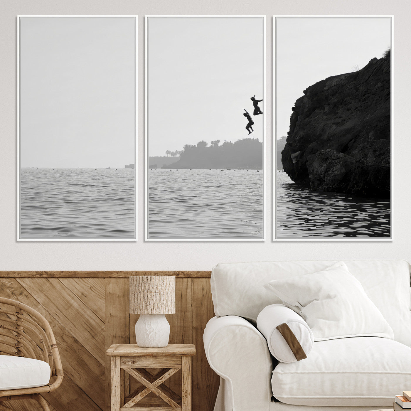 52284302-MGV-CV-36X24-Jumping Wall Art Canvas Print – Framed Coastal Ocean Scene Artwork for Relaxing Beach Home, Office Decor