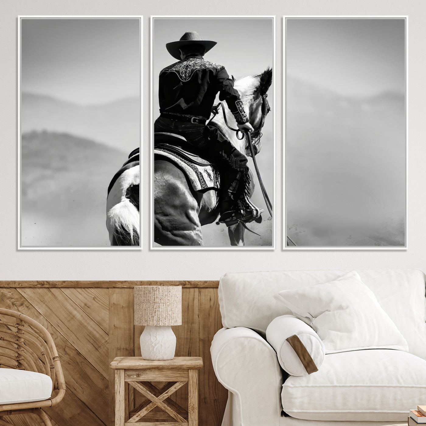 83102464-MGV-CV-36X24-Western Wall Art Canvas Print – Framed Cowboy and Horse Scene Artwork for Rustic Western Home, Office Decor