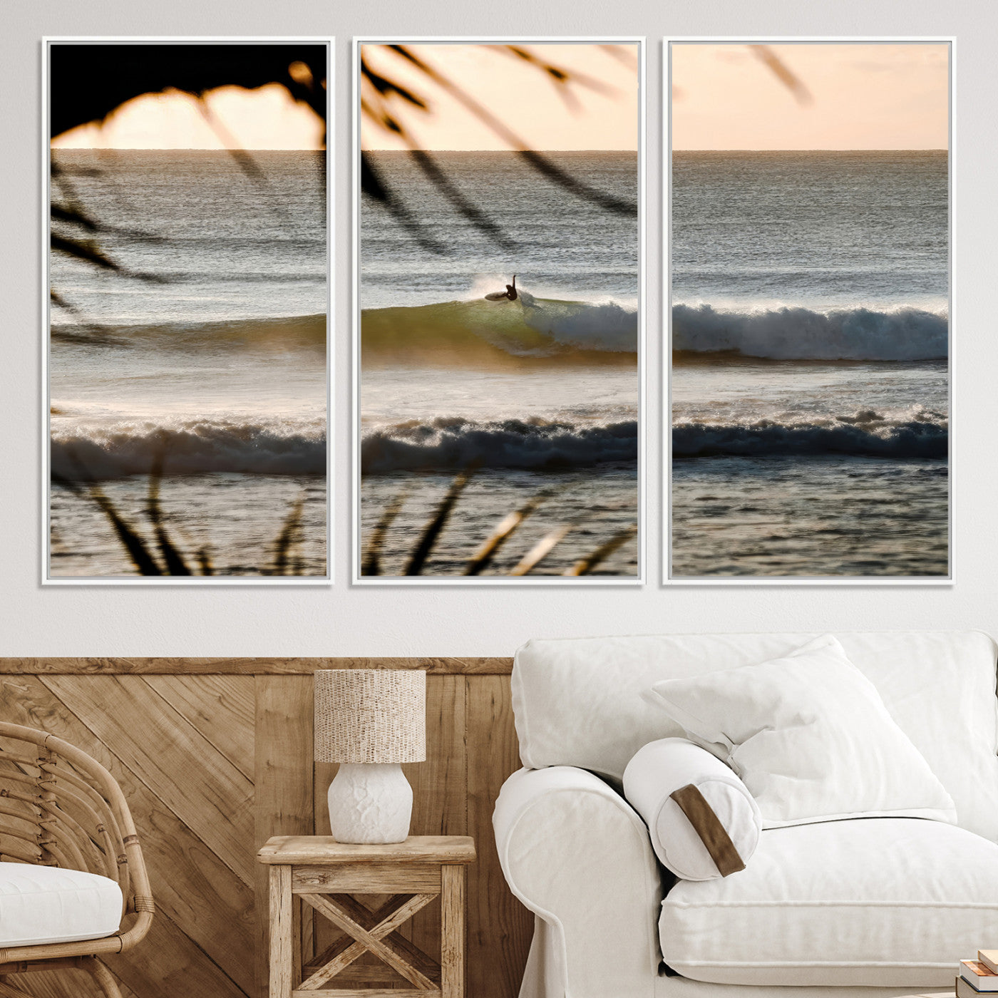 -Sunset Surf Wall Art Canvas Print, Framed Golden Hour Art Picture Print, Waves Perfect Boho Decor,